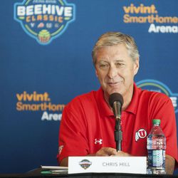 FILE - Chris Hill, athletic director at the University of Utah, comments at a media event announcing the Zion's Bank Beehive Classic at the Vivint Arena in Salt Lake City, Thursday, July  21, 2016.