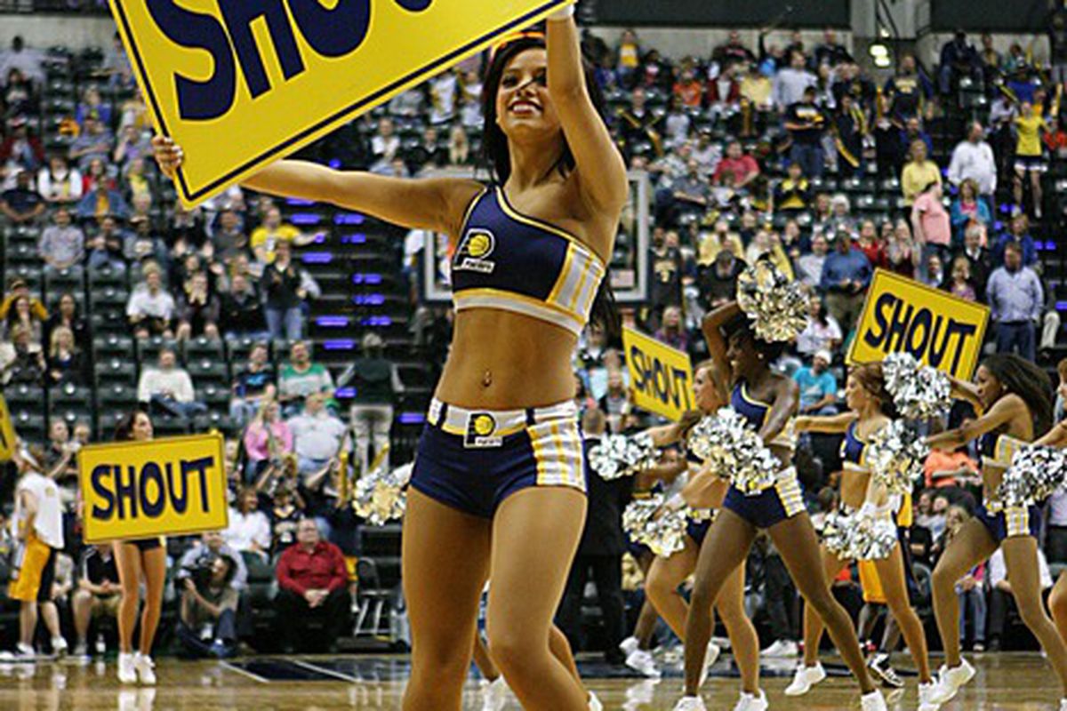Apr 23, 2012; Indianapolis, IN, USA; Indiana Pacers Pacemate does a dance routine during a game against the Detroit Pistons at Bankers Life Fieldhouse. Indiana defeats Detroit 103-97.  Mandatory Credit: Brian Spurlock-US PRESSWIRE