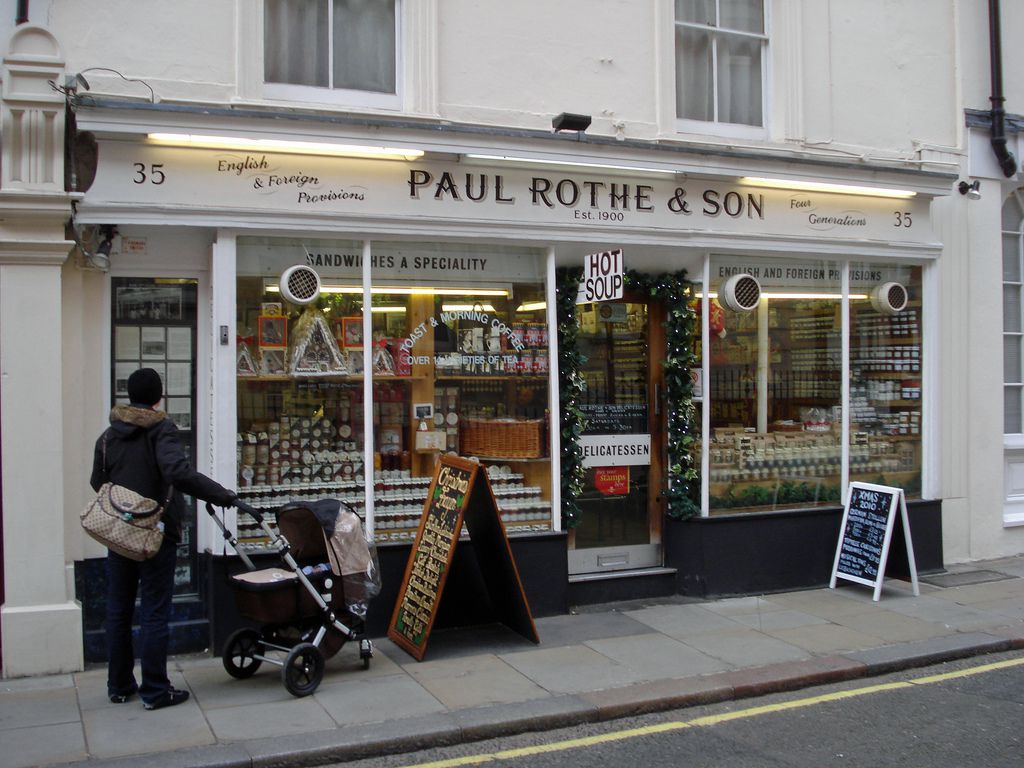 The white-painted exterior of Paul Rothe and Sons sandwich shop, one of the best value restaurants in central London