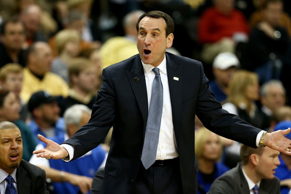 WINSTON-SALEM, NC - MARCH 05: Head coach Mike Krzyzewski of the Duke Blue Devils reacts to a call during their game against the Wake Forest Demon Deacons at Joel Coliseum on March 5, 2014 in Winston-Salem, North Carolina.