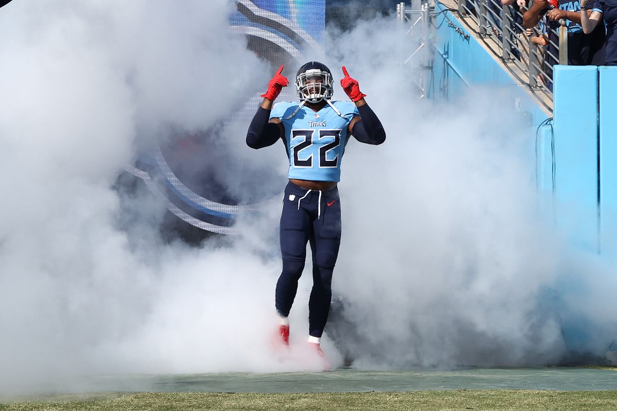Derrick Henry #22 of the Tennessee Titans against the Kansas City Chiefs at Nissan Stadium on October 24, 2021 in Nashville, Tennessee.