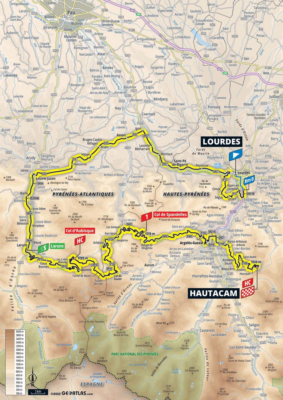 Image of map of Stage 18 of the 2022 Tour de France from Lourdes to Hautacam.