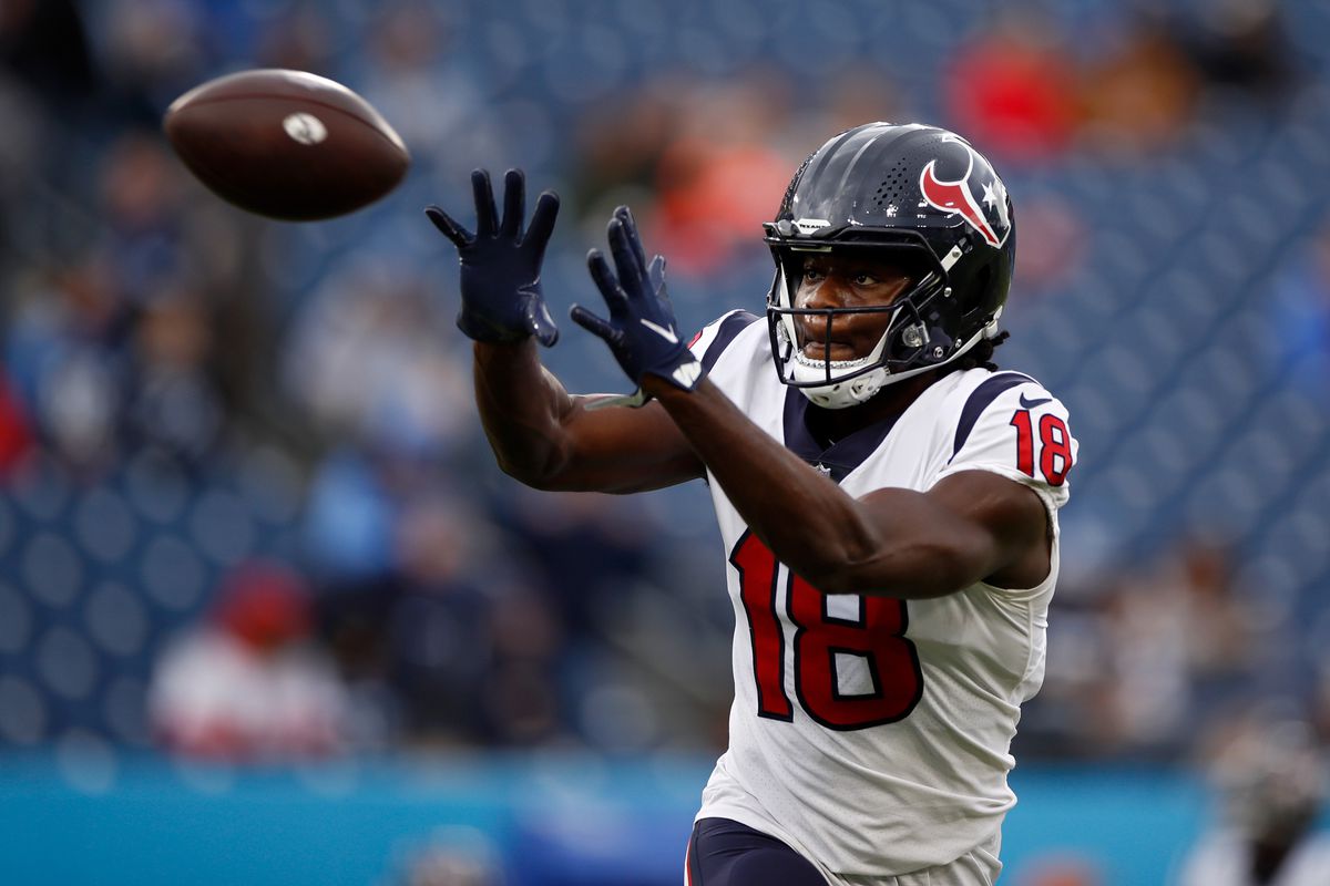 Chris Conley #18 of the Houston Texans warms up before the game against the Tennessee Titans at Nissan Stadium on November 21, 2021 in Nashville, Tennessee.