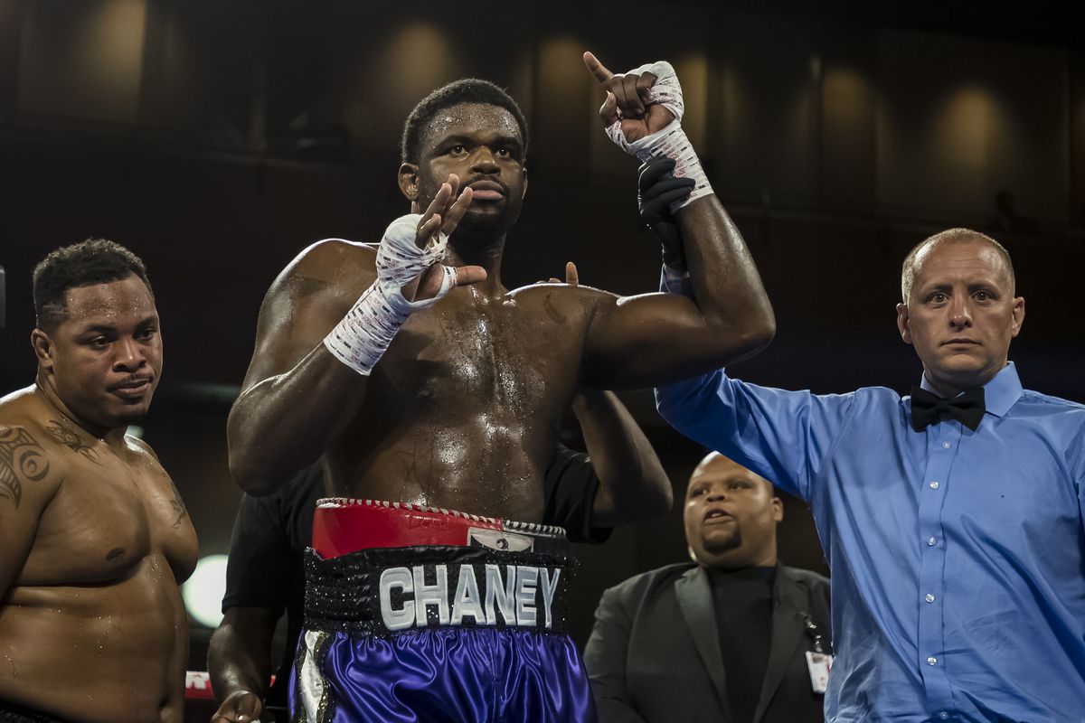 Cassius Chaney get his arm raised after his heavyweight fight against Joel Caudle at The Theater at MGM National Harbor on July 19, 2019 in Oxon Hill, Maryland.