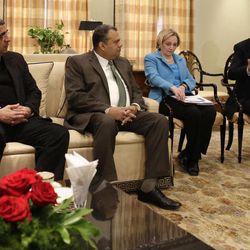 FILE - In this Sunday, March 3, 2013 file photo, U.S. Secretary of State John Kerry, right, sits next to Anne Patterson, U.S. Ambassador to Egypt, during a meeting with members of non-governmental organizations in Cairo, Egypt. Egyptian anti-government activists have expressed outrage Friday, June 21, 2013 over a statement by the U.S. ambassador in Cairo in which she criticized street protests as opposition gears up for mass rallies to demand the ouster of President Mohammed Morsi. The ambassador, Anne Patterson, said in a speech earlier this week that she is "deeply skeptical" that protests will be fruitful, saying "more violence on the streets will do little more than add new names to the lists of martyrs." 