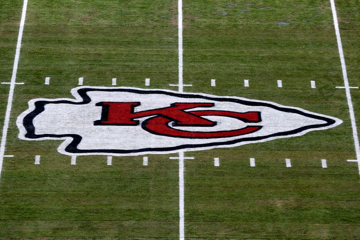 A view of the Kansas City Chiefs logo at midfield before the AFC Championship Game game between the New England Patriots and Kansas City Chiefs on January 20, 2019 at Arrowhead Stadium in Kansas City, MO.
