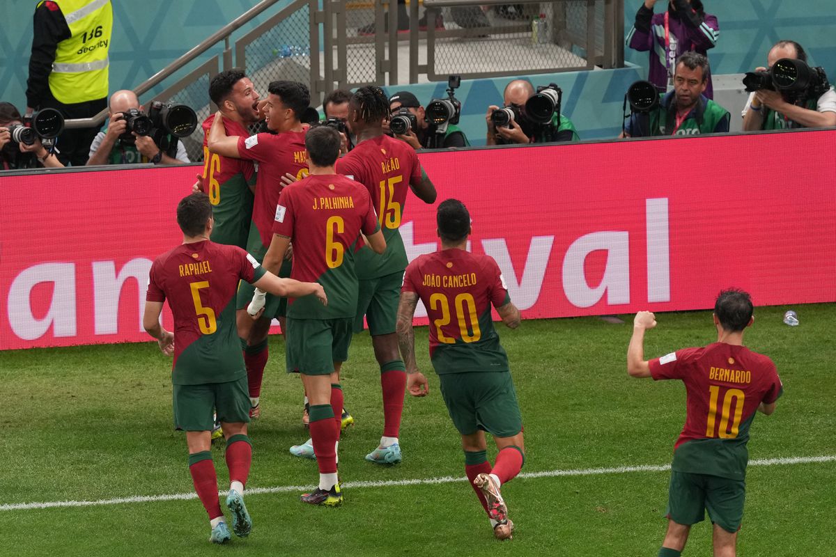Players of Portugal celebrate after Bruno Fernandes’ goal during the FIFA World Cup Qatar 2022 Group H match between Portugal and Uruguay at Lusail Stadium on November 28, 2022 in Lusail City, Qatar.