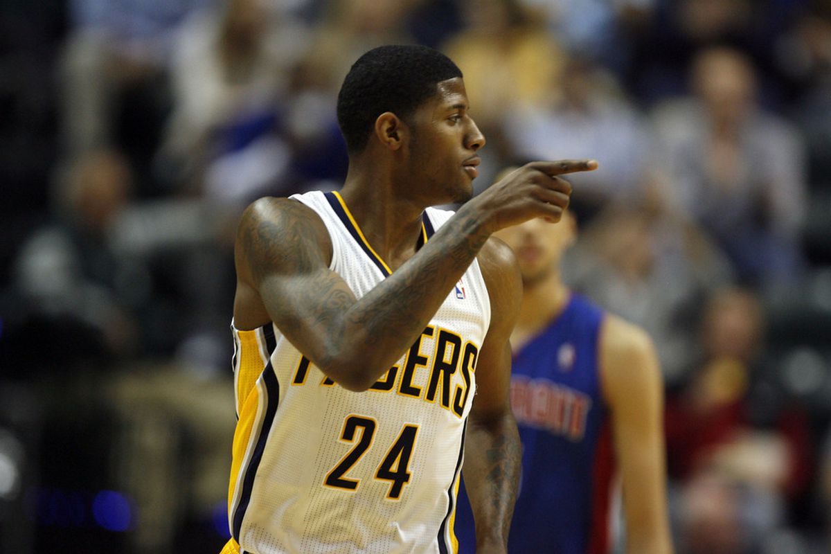 Apr 23, 2012; Indianapolis, IN, USA; Indiana Pacers forward Paul George (24) during the game against the Detroit Pistons at Bankers Life Fieldhouse. Indiana defeats Detroit 103-97.  Mandatory Credit: Brian Spurlock-US PRESSWIRE