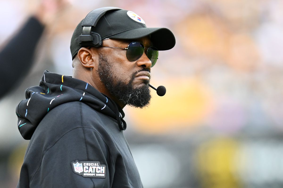 Head coach Mike Tomlin of the Pittsburgh Steelers looks on during the second quarter against the Baltimore Ravens at Acrisure Stadium on October 08, 2023 in Pittsburgh, Pennsylvania.