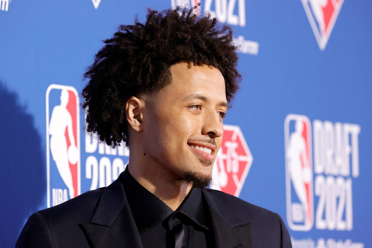 Cade Cunningham poses for photos on the red carpet during the 2021 NBA Draft at the Barclays Center on July 29, 2021 in New York City.  &nbsp;  