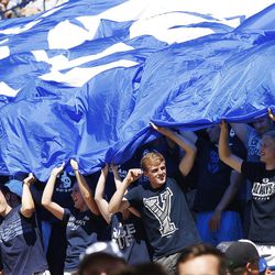 Brigham Young Cougars fans cheer in Provo on Saturday, Aug. 26, 2017. BYU won 20-6.