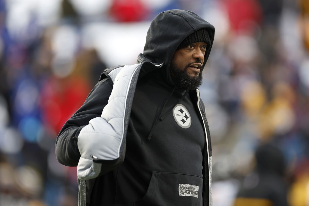 Head coach Mike Tomlin of the Pittsburgh Steelers looks on before the game against the Buffalo Bills at Highmark Stadium on January 15, 2024 in Orchard Park, New York.
