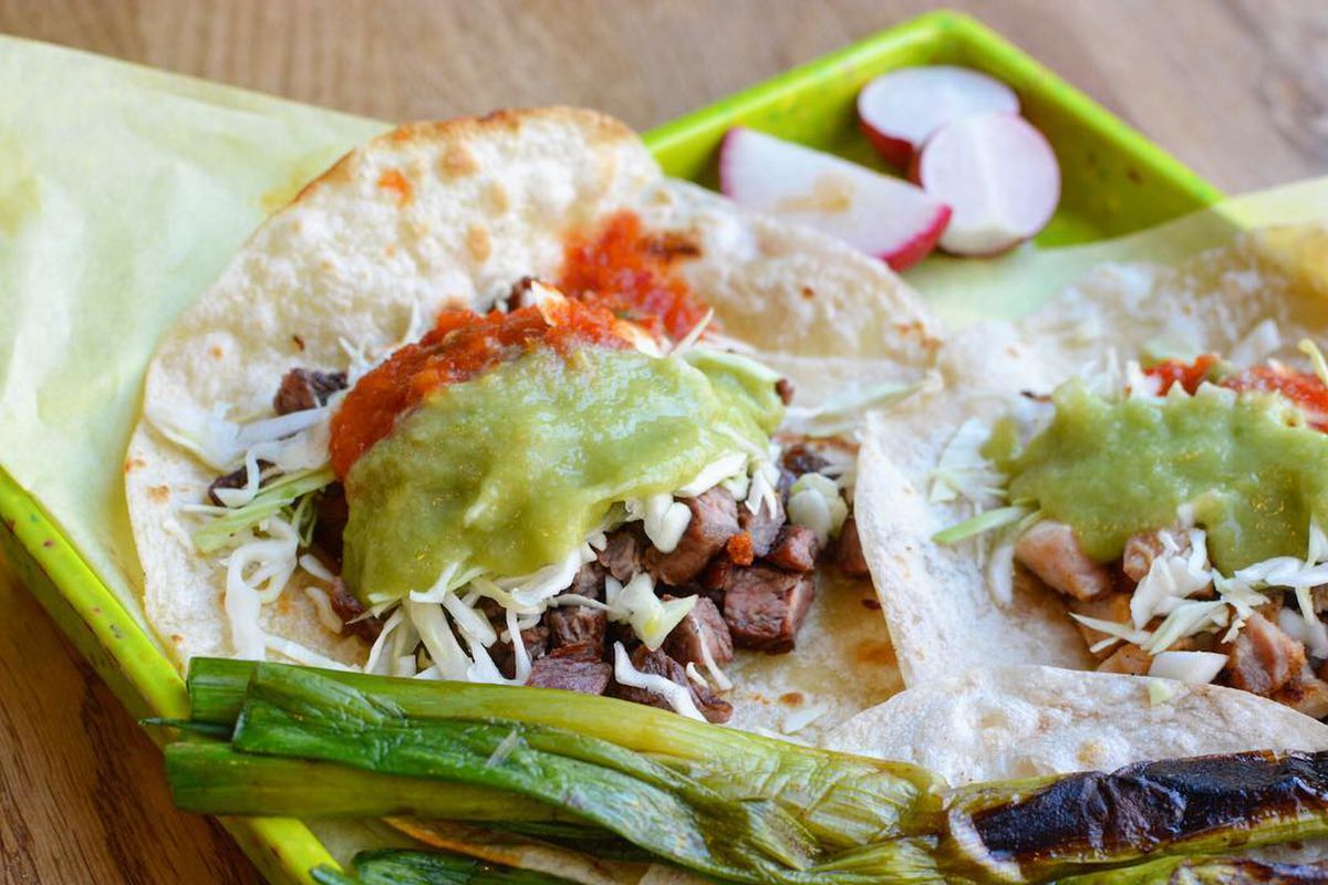 Sonoratown’s flour tortilla taco with guacamole salsa on top.