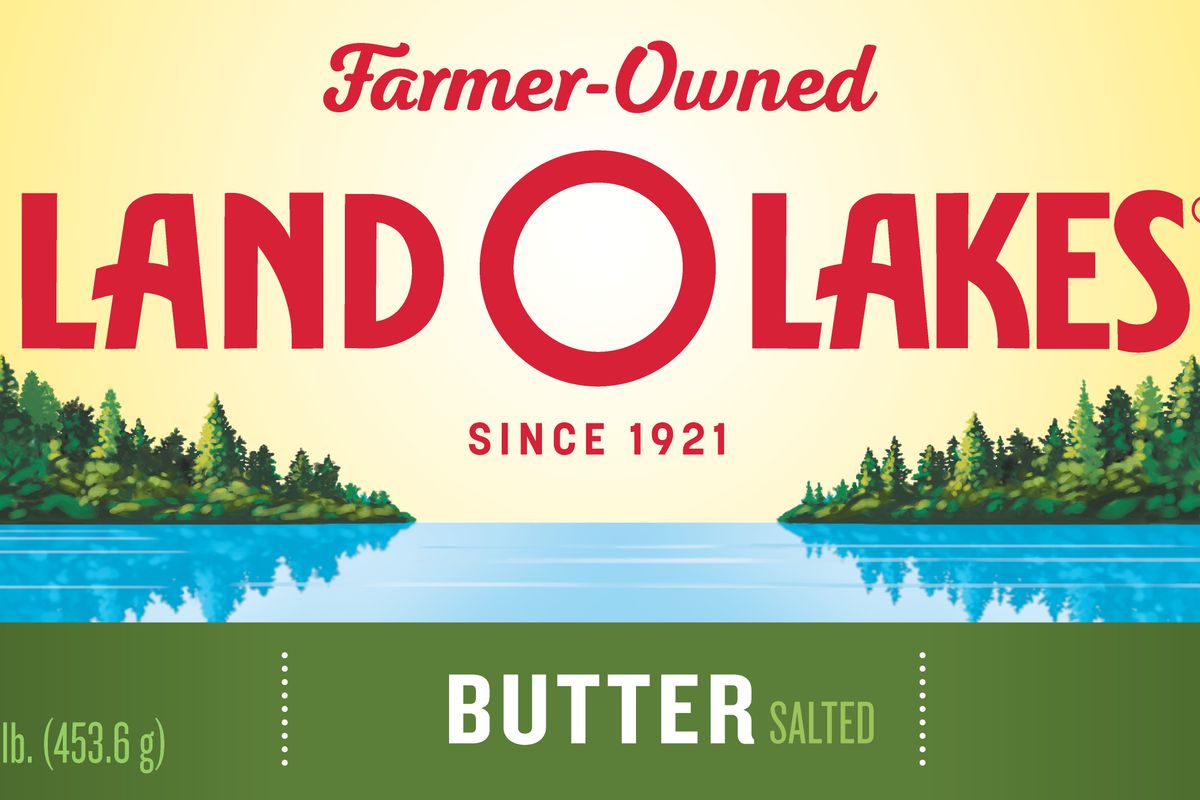 Land O’Lakes’s new packaging for butter, featuring a body of water surrounded by evergreen trees