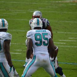 Dec. 15, 2013 Miami Gardens, FL - Miami Dolphins defensive end Dion Jordan (95) and safety Reshad Jones (20) prepare to run a play in the second quarter against the New England Patriots in the second quarter of their Week 15 meeting.