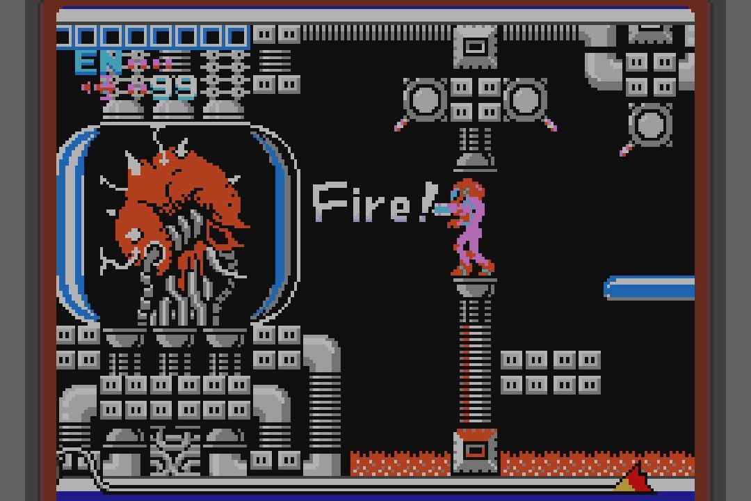 A screenshot from NES Metroid, with Samus facing the Mother Brain. Over the top is superimposed the word “Fire!”