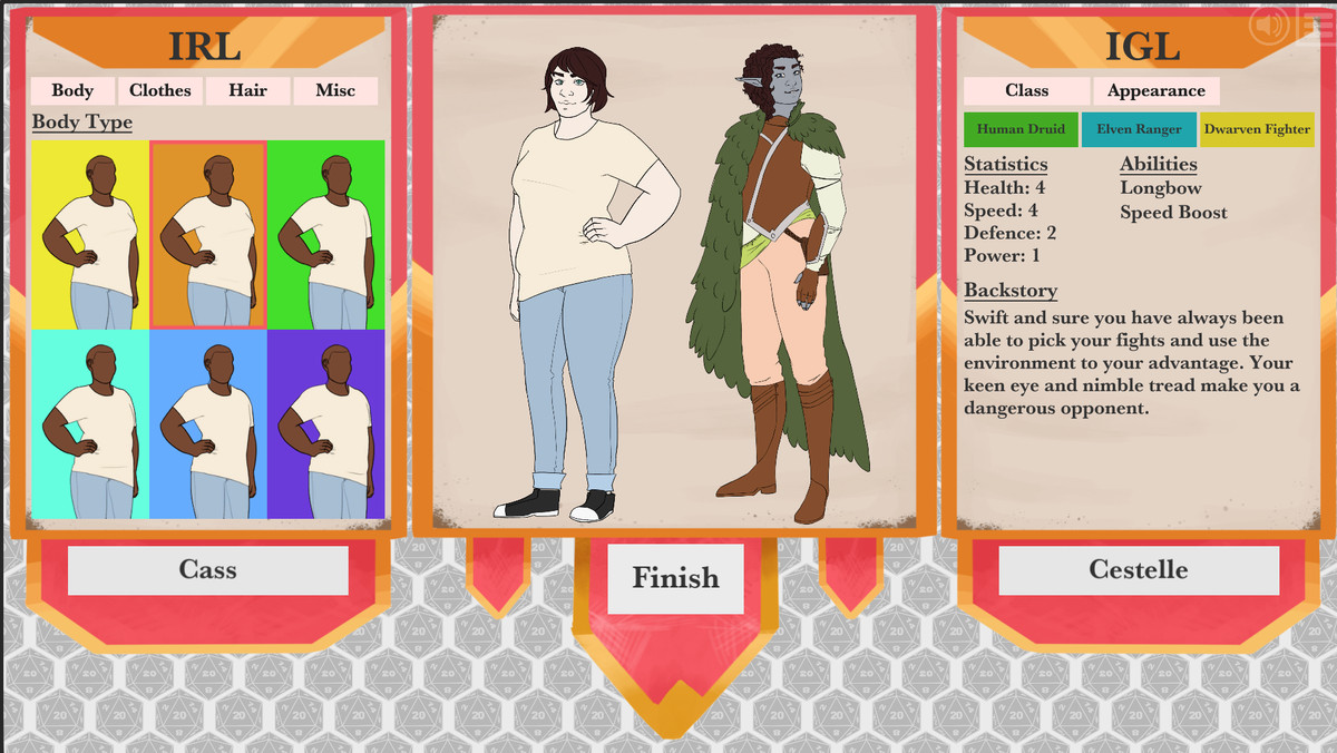 Roll+Heart - a character creation screen that includes both my real life character and my D&amp;D character