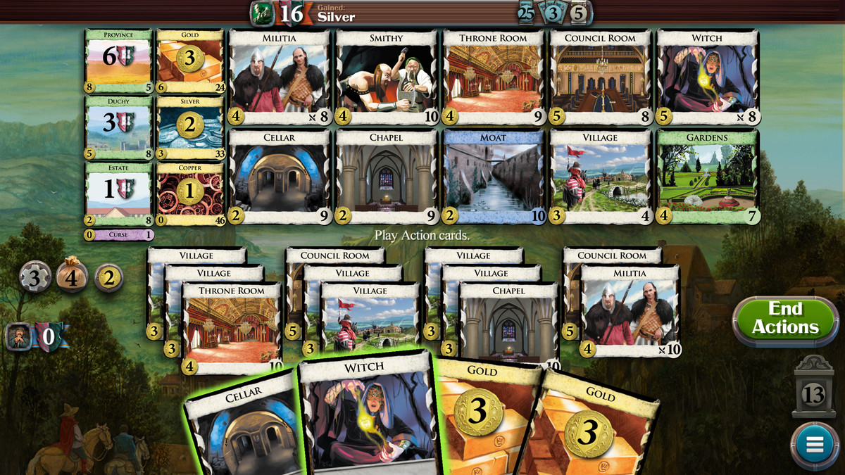 A sample of the Dominion app in action, showing the player hand and the kingdom cards currently in play.
