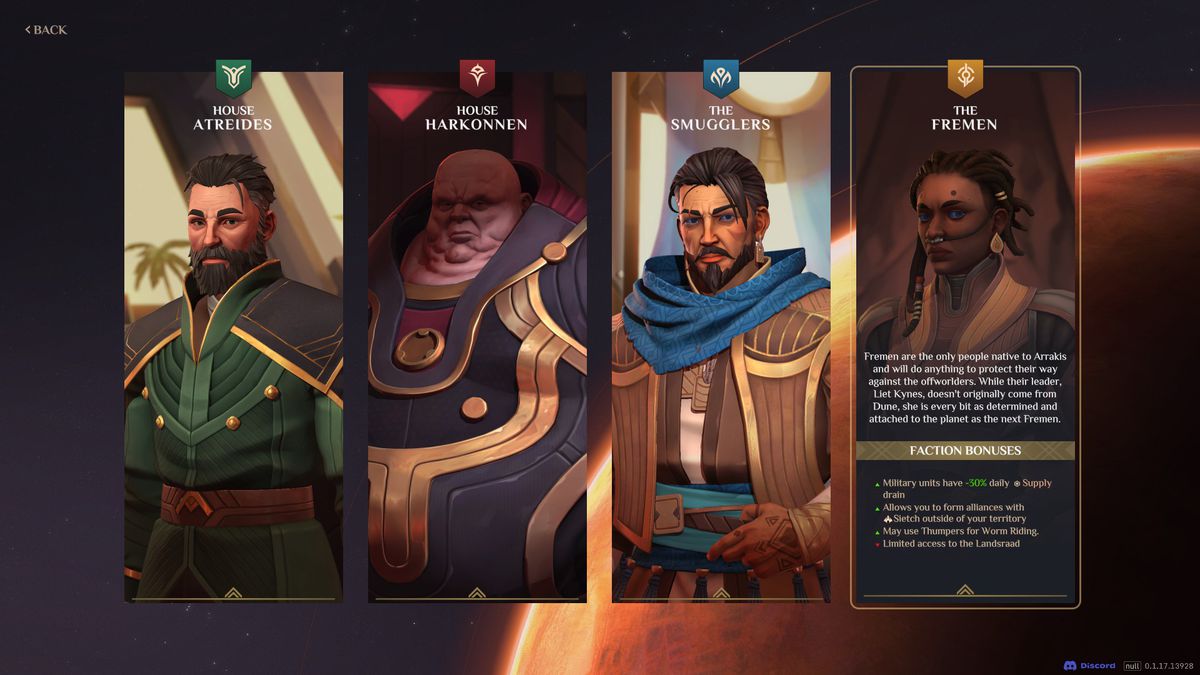 Dune: Spice Wars Early Access Leader Selection Screen