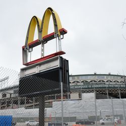 3:59 p.m. The frame of the McDonalds sign, on the Addison Street side, still standing -