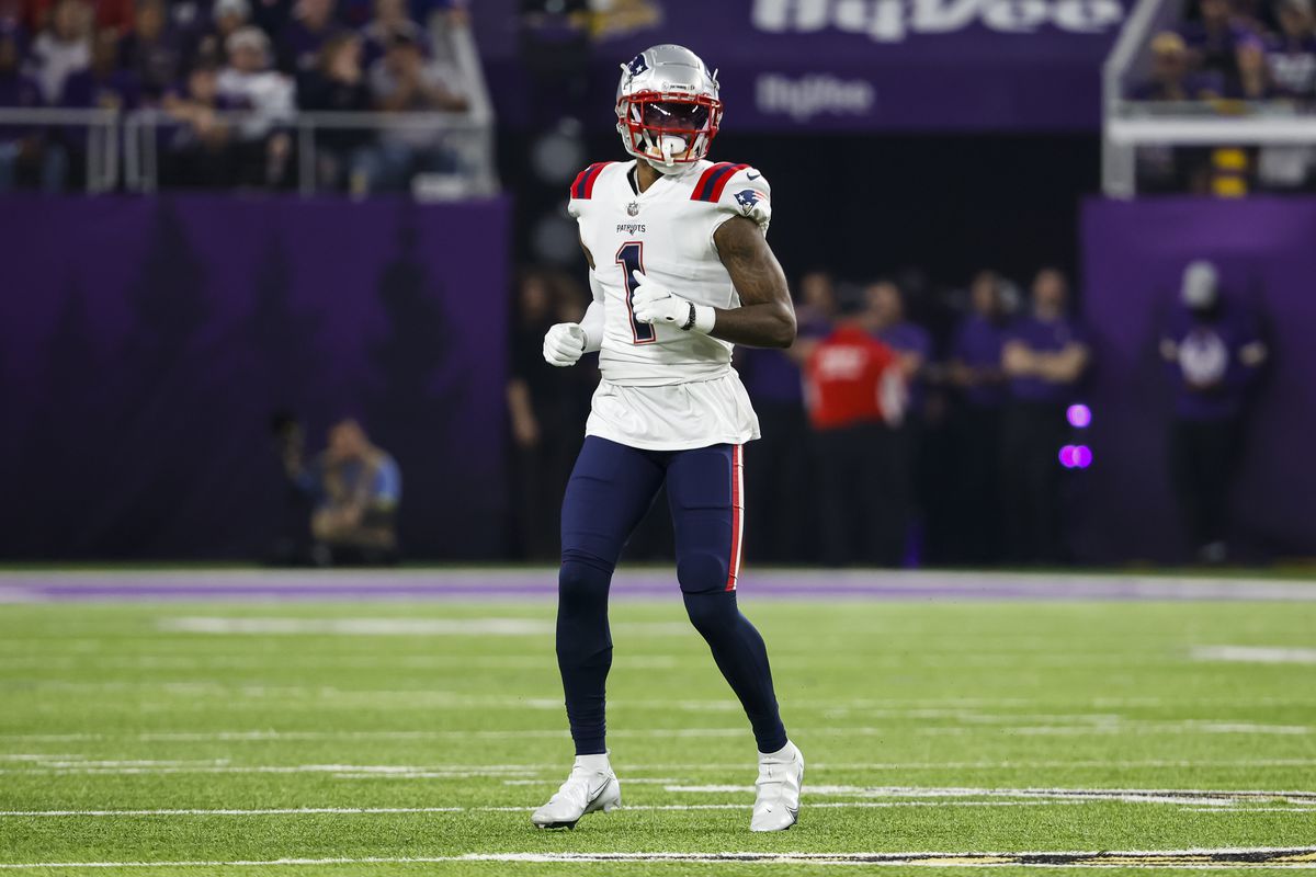 DeVante Parker #1 of the New England Patriots looks on against the Minnesota Vikings in the second quarter of the game at U.S. Bank Stadium in Minneapolis, Minnesota. The Vikings defeated the Patriots 33-26.