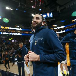 Utah Jazz guard Ricky Rubio (3) takes to the court before the game against the Golden State Warriors at Vivint Arena in Salt Lake City on Tuesday, April 10, 2018.