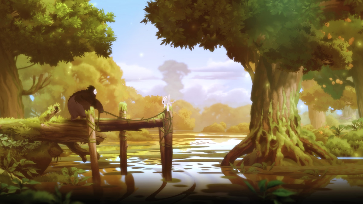 Two spirits, Ori and Sein, stand together on a dock by a body of water in this image of the game Ori and the Blind Forest.