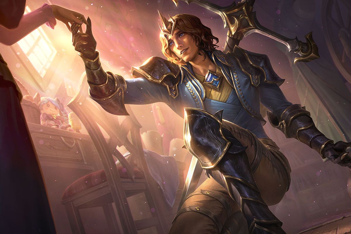 League of Legends - King Viego splash art, which shows a handsome young man in blue and gold armor kneel and take his wife’s hand in a loving gesture.