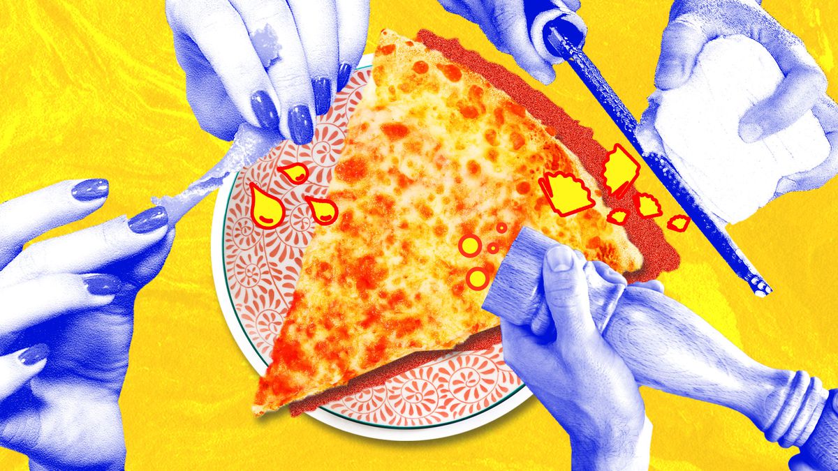 A photo-illustration of a slice pizza, with hands grating cheese, grinding a pepper mill, and adding a lemon twist.