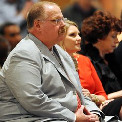 Kansas City Chiefs head coach Andy Reid and wife Tammy Reid in attendance at the press conference at Arrowhead Stadium. 