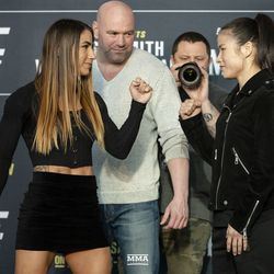 Tecia Torres and Weili Zhang square off at UFC 235 media day.