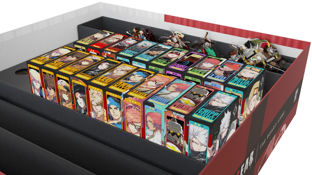 A render of the interior of the game box, showing acryllic character standees as well as 20 tuck boxes of character cards.