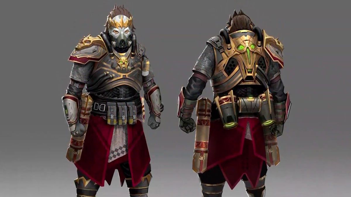 front and back of a man wearing silver and burgundy armor with golden skull accents