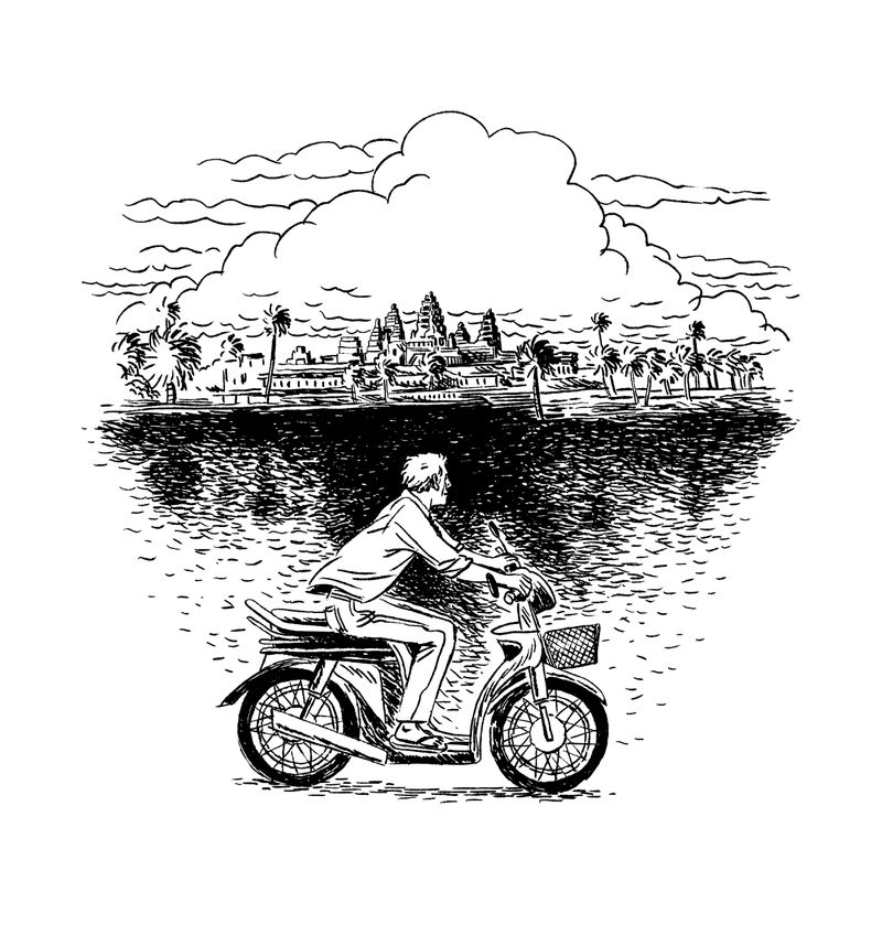 A man rides a motor bike with buildings and palm trees far off in the distance