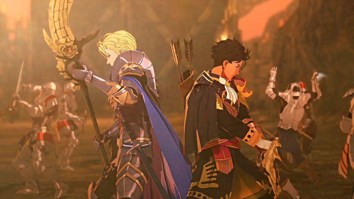 Claude and Dimitri stand back to back in the Battle of Fire Emblem Warriors: Three Hopes