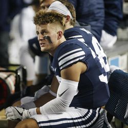 Brigham Young Cougars wide receiver Beau Tanner (33) watches the time run out in Provo on Friday, Oct. 6, 2017.