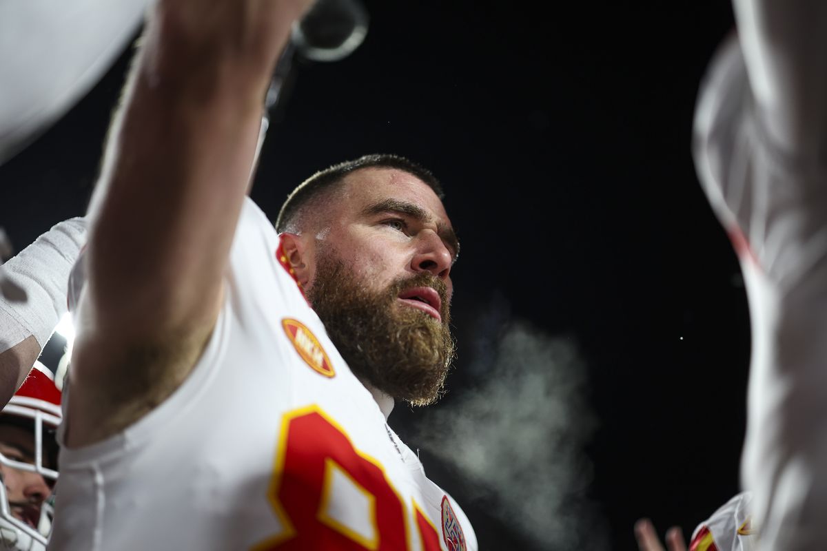 Travis Kelce #87 of the Kansas City Chiefs warms up prior to an NFL divisional round playoff football game against the Buffalo Bills at Highmark Stadium on January 21, 2024 in Orchard Park, New York.