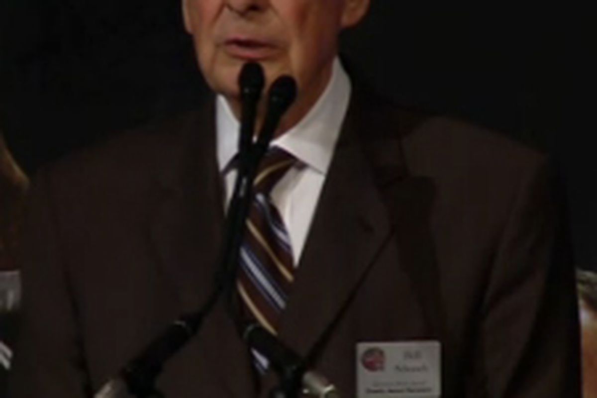 Portland Trail Blazers broadcaster Bill Schonely speaks at the 2012 Hall of Fame reunion dinner, accepting his Curt Gowdy Media award.