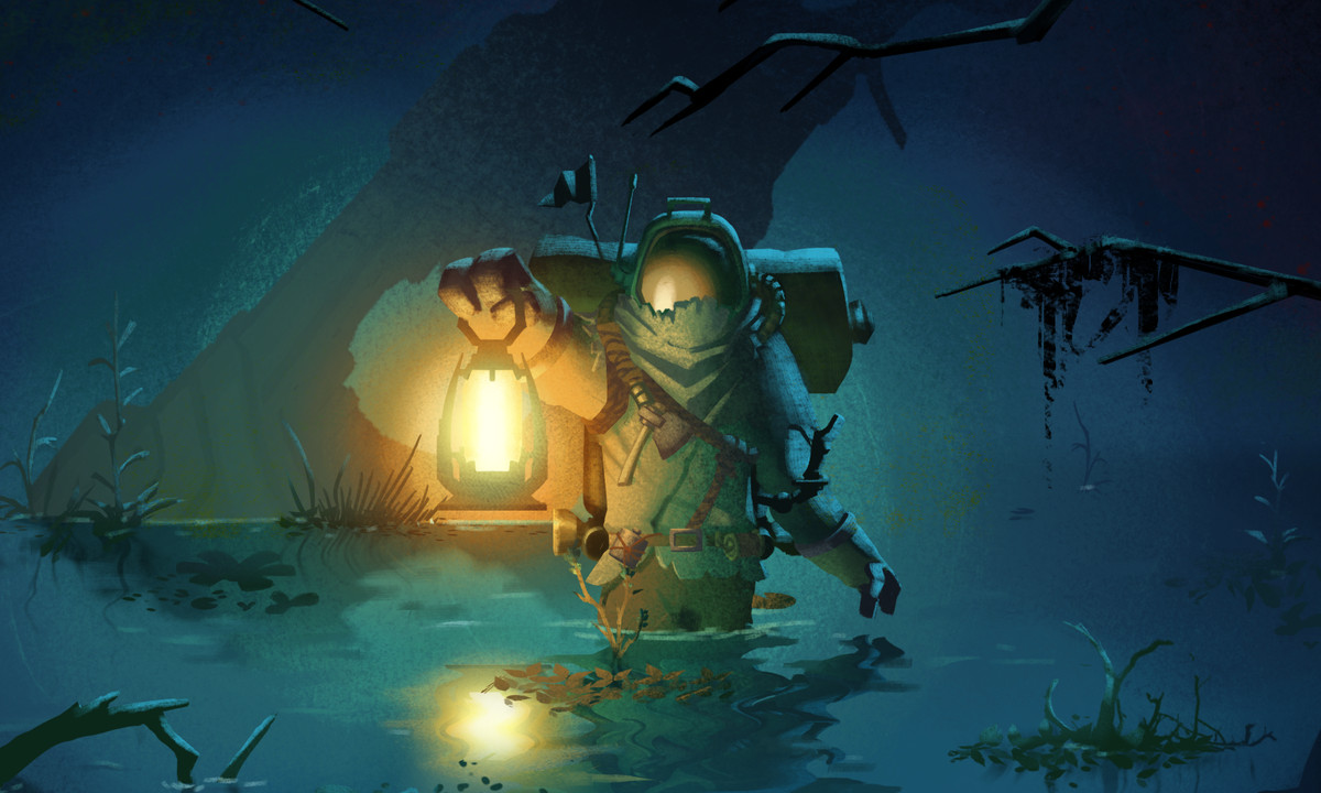 The key art for Outer Wilds Echoes of the DLC, featuring an alien astronaut carrying a glowing lamp in a moody swamp