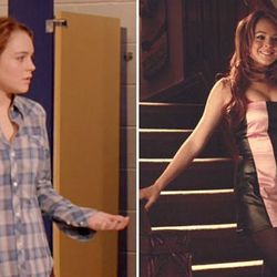 <b>Mean Girls:</b> Lindsay Lohan's transformation into a Plastic was finally complete once she donned a slutty house party dress with a visible push-up bra. 