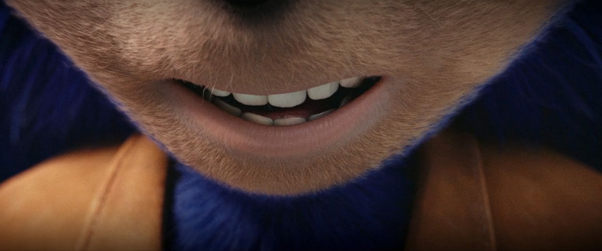 A close-up shot of “Ugly” Sonic the Hedgehog’s humanlike teeth in Chip ’n Dale: Rescue Rangers