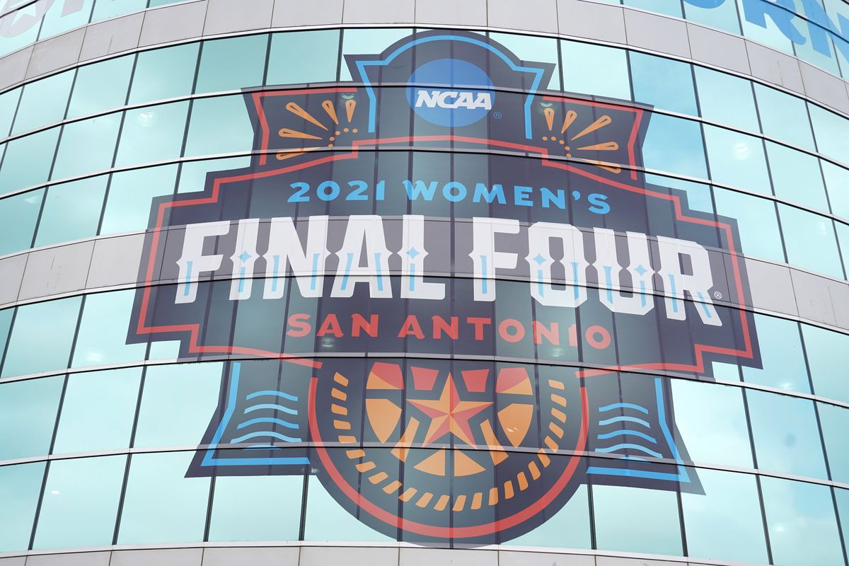 A detailed view of the 2021 NCAA Women’s Final Four logo at the Alamodome.