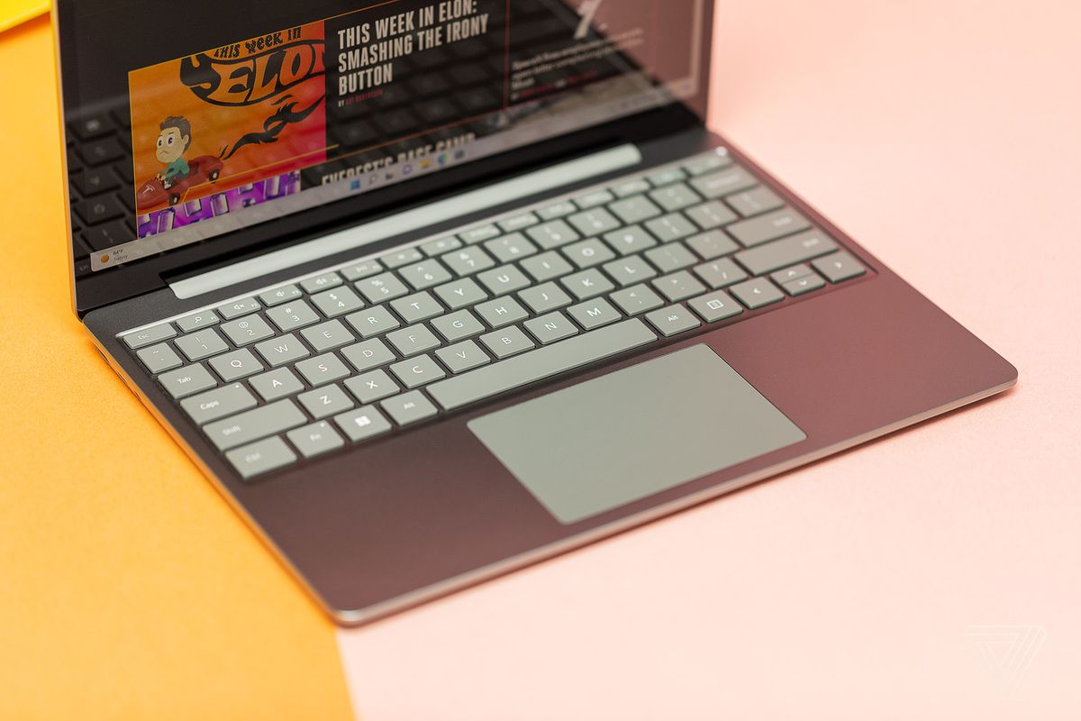 A three-quarters view of the Surface Laptop Go 2's keyboard and trackpad.
