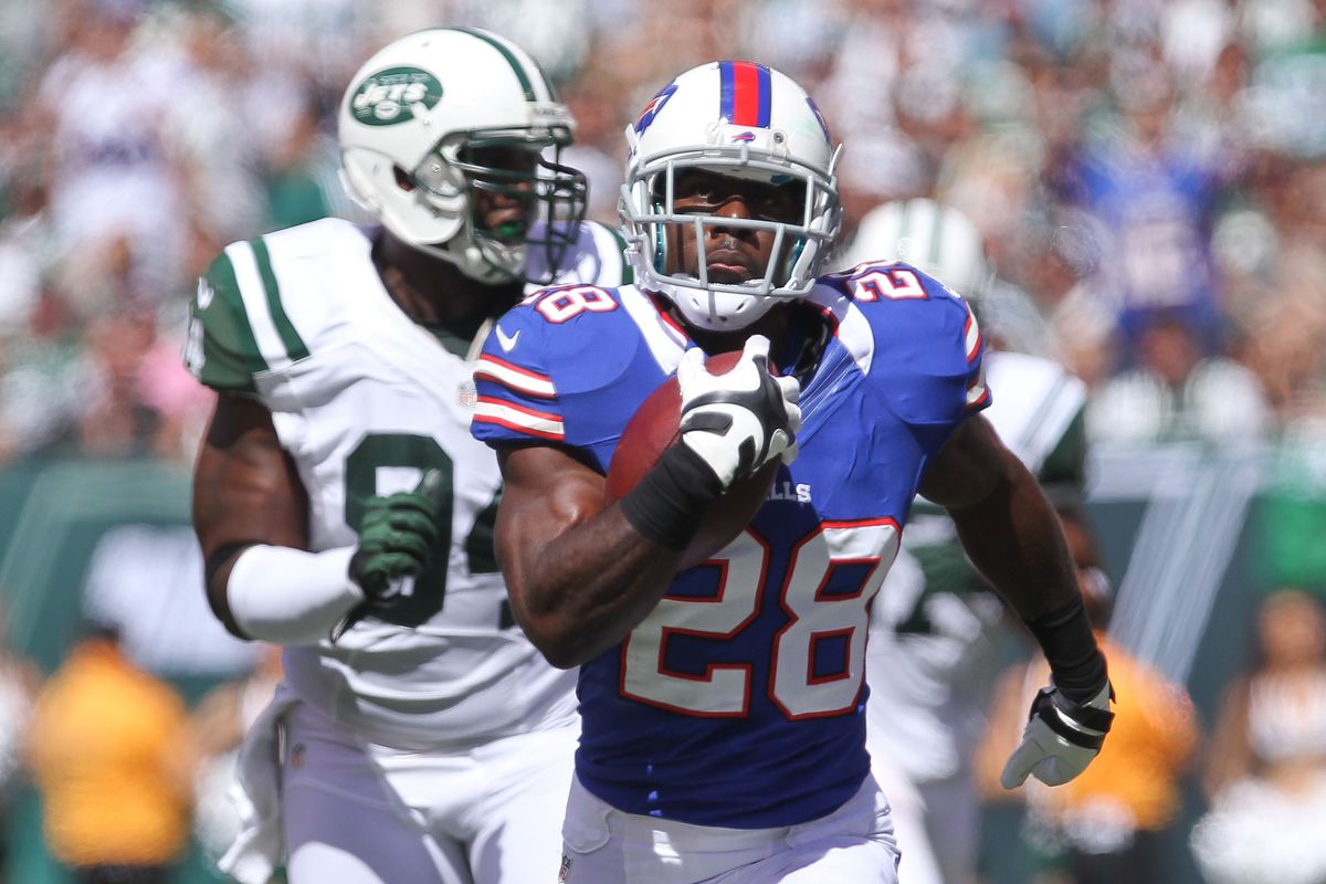 Sept 9, 2012; East Rutherford, NJ, USA; Buffalo Bills running back C.J. Spiller (28) runs for a touchdown during the first half of their game against the New York Jets at MetLife Stadium. Mandatory Credit: Ed Mulholland-US PRESSWIRE