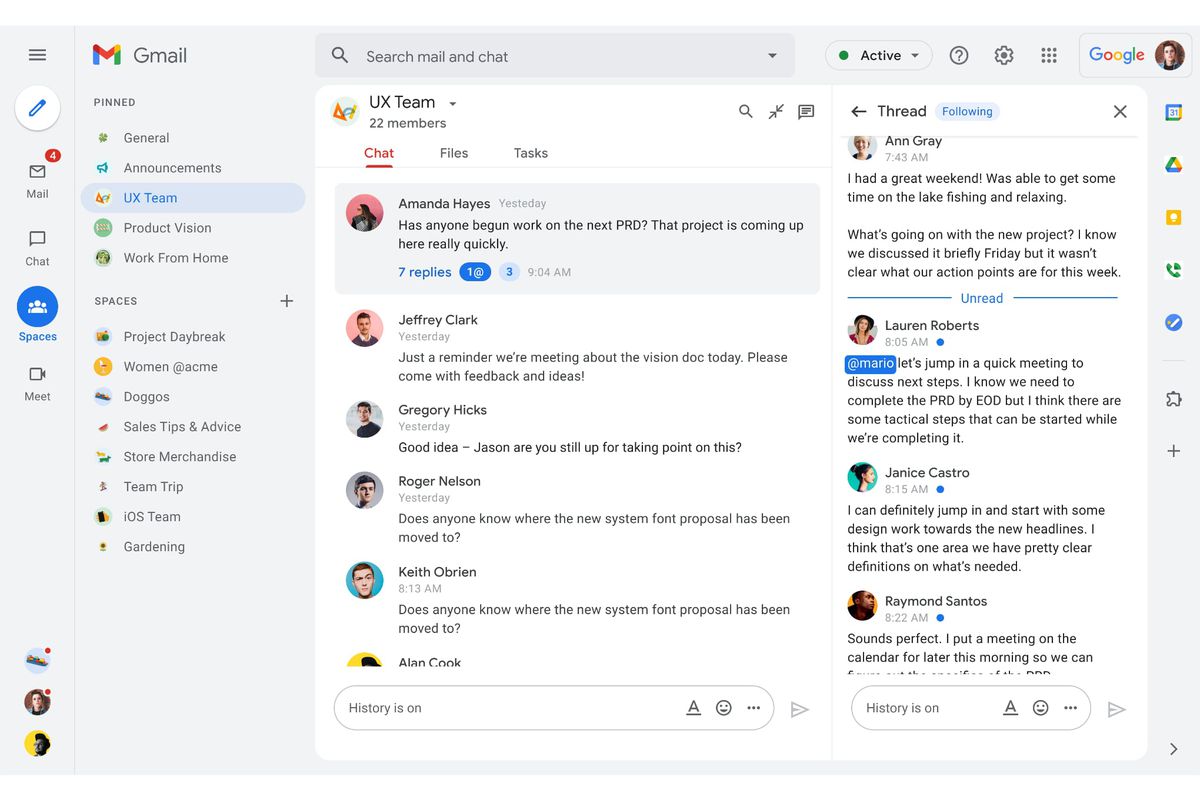 The new Gmail design, with Google Spaces