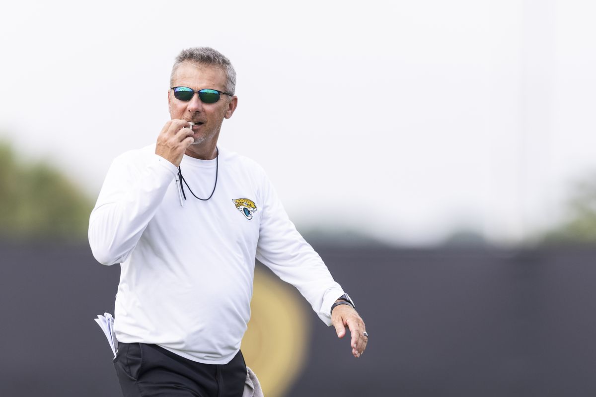 Head Coach Urban Meyer of the Jacksonville Jaguars looks on during Training Camp at TIAA Bank Field on July 30, 2021 in Jacksonville, Florida.