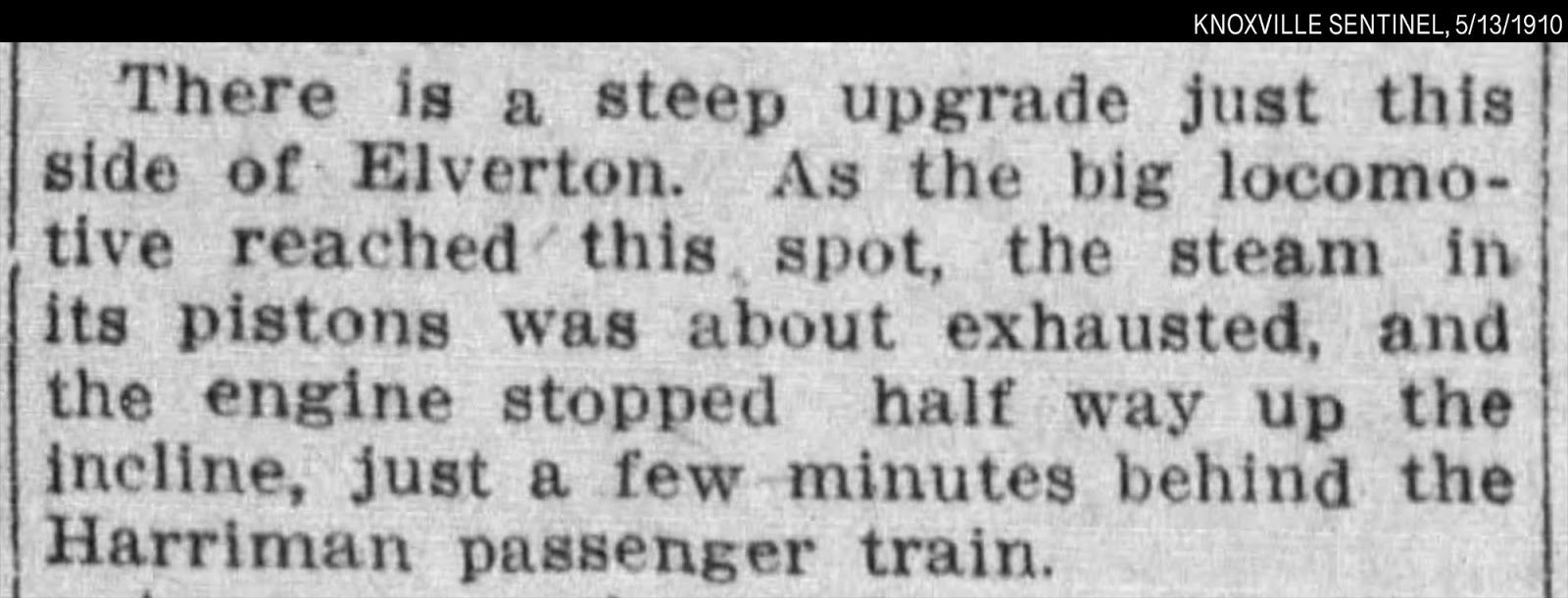 1910 newspaper article describing the “runaway train” incident, which notes the hill highlighted above.