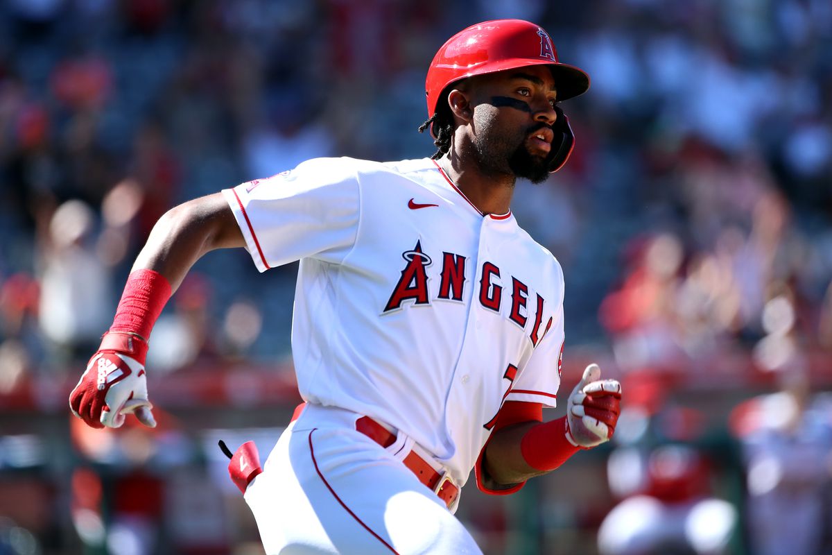 Jo Adell #7 of the Los Angeles Angels hits a two run home run during the sixth inning against the Texas Rangers at Angel Stadium of Anaheim on September 05, 2021 in Anaheim, California.