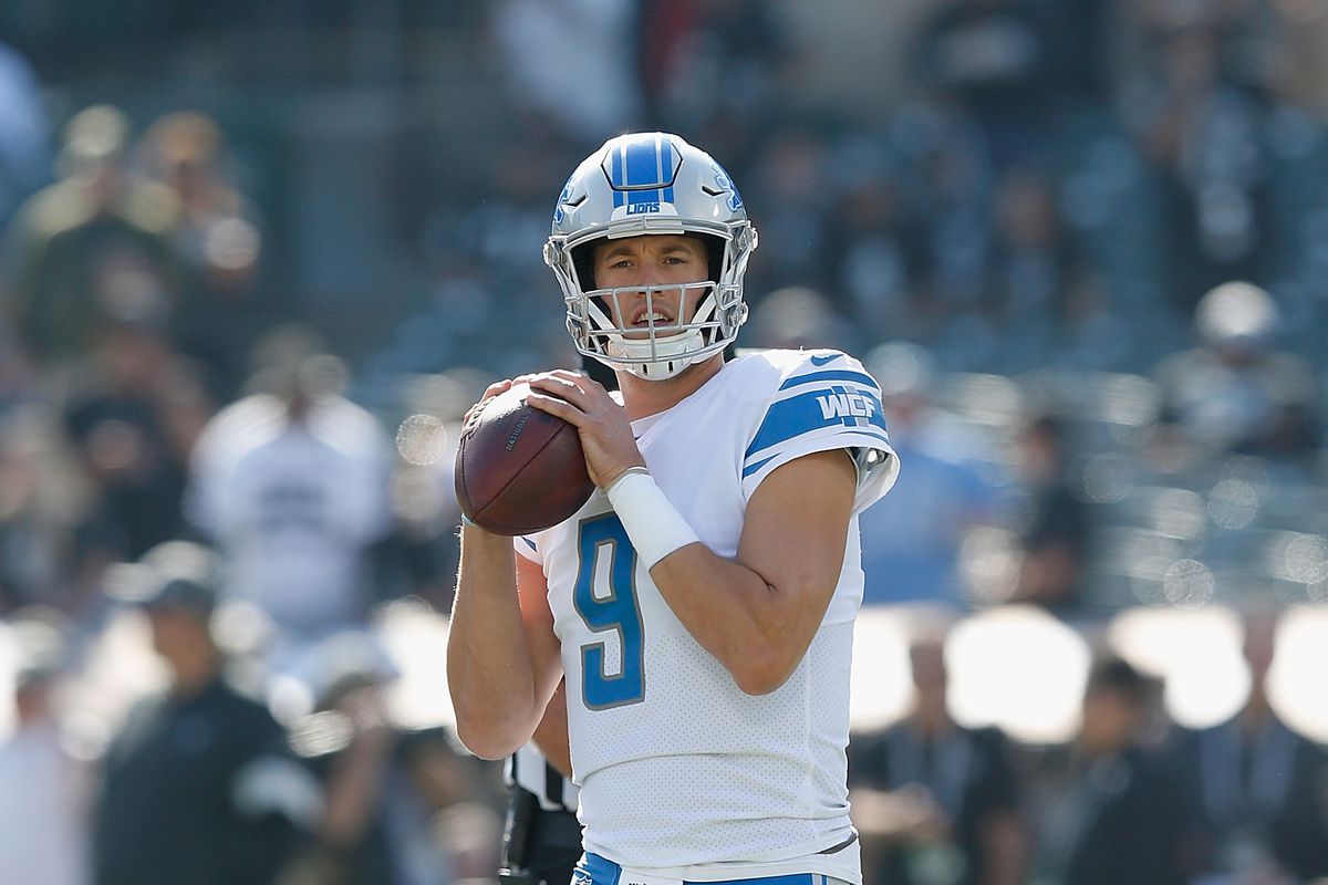 Matthew Stafford of the Detroit Lions warms up before the game against the Oakland Raiders at RingCentral Coliseum on November 03, 2019 in Oakland, California.