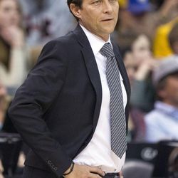 Utah head coach Quin Snyder questions a call during the first half of an NBA basketball game against Golden State in Salt Lake City on Thursday, Dec. 8, 2016. Golden State defeated Utah with a final score of 106-99.